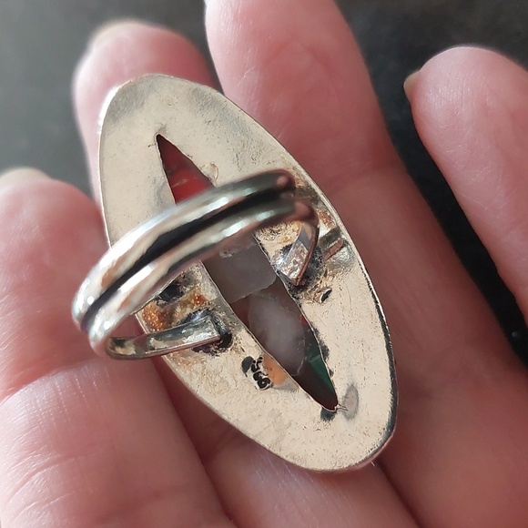 Sterling Silver 925 Large Marquise Stone Opalesque Colorful Sz 7 Red Blue Green - Picture 4 of 7